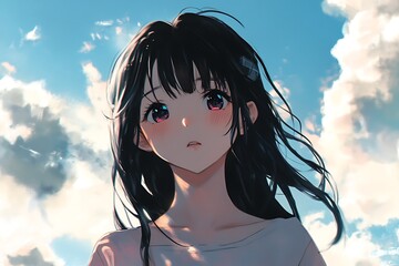 Poster - Anime girl with black hair and green eyes looking up at the sky with clouds. Digital art illustration.