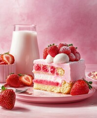 Wall Mural - Delicious strawberry cake served with milk on a pink table setting