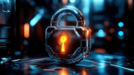 Wall Mural - A futuristic padlock with a glowing keyhole, set against a vibrant neon backdrop, symbolizing security and technology.