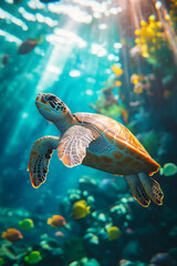 Wall Mural - Little turtle swimming in the sea Vivid underwater images and southern landscapes, clear waters