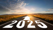 © MdZalal - Road to 2025 with an empty road with written 2025 and arrow pointing towards the horizon to represent the future and positivity and success of the new year 2025