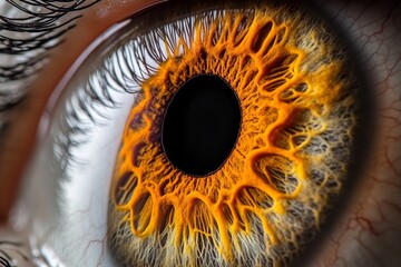 Wall Mural - Macro shot of a vibrant orange eye highlighting intricate details of the iris with radiant glowing patterns