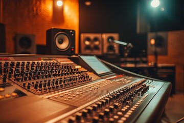 Professional mixing console standing ready in recording studio control room