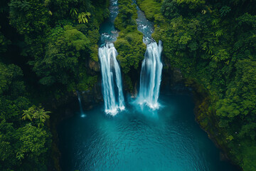 Aerial view of a beautiful waterfall, water flowing from a height into a stream.