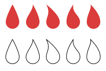 Wall Mural - collection of red tears in different styles - set of flat and outline vector drops - isolated tear i