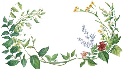 Wall Mural - A botanical watercolor frame with hand-painted greenery and wildflowers wrapping around the edges, creating a natural, rustic atmosphere for a wedding invitation.