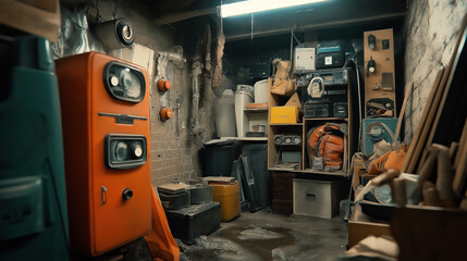 Canvas Print - Cluttered storage room with dusty shelves, old electronic devices, boxes, a bright orange furnace, and various containers. The room appears neglected and filled with miscellaneous items.