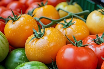 Poster - A variety of tomatoes ranging in color from green to yellow to red, showcasing their ripeness and fresh state in natural light.