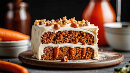 Wall Mural - homemade carrot cake on a rustic kitchen countertop, covered in a thick layer of cream cheese frosting,