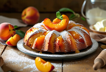 homemade buttercream pie with peaches on a rustic kitchen countertop, covered in a thick layer of frosting on a plate