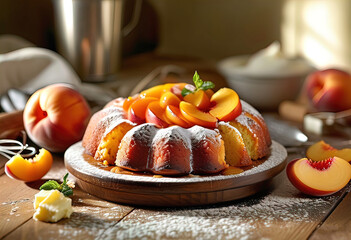 Wall Mural - homemade buttercream pie with peaches on a rustic kitchen countertop, covered in a thick layer of frosting on a plate