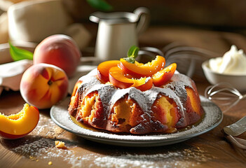 Wall Mural - homemade buttercream pie with peaches on a rustic kitchen countertop, covered in a thick layer of frosting on a plate