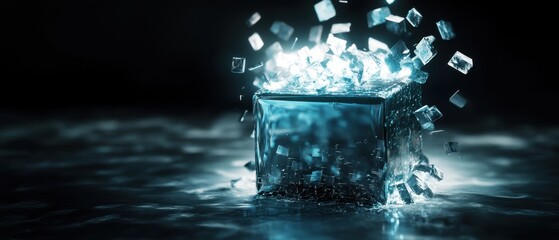 Wall Mural - Glowing Ice Cube Exploding into Shards on Dark Background with Reflective Surface