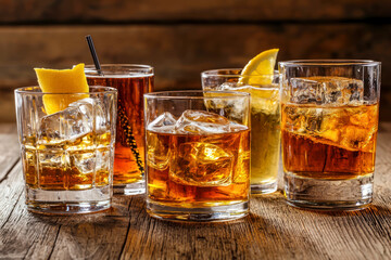 Selection of alcoholic drinks on rustic wood background.