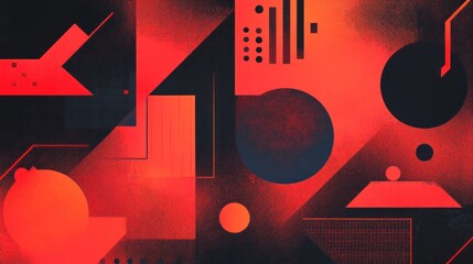 A red pattern background featuring geometric shapes and abstract textures, adding complexity and style to the design.