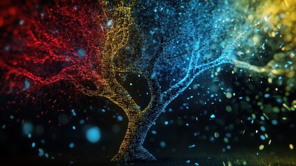 Wall Mural - Vibrant Digital Tree with Colorful Lights and Bokeh Effects in a Nighttime Setting