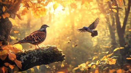 Poster - A serene moment in a forest with birds enjoying nature. One bird perches on a mossy log while another flies nearby. The golden light filters through the leaves. AI