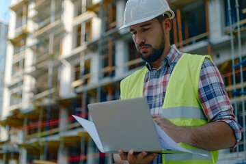 Construction worker writing blueprints while using laptop at renovating home