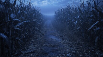 An eerie setting at twilight in a cornfield, where every rustle of the leaves and every gust of wind feels like the start of something ominous.