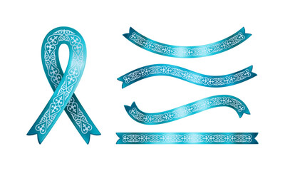 Wall Mural - set of different blue ribbons with white traditional kazakh ornament isolated on a white background.