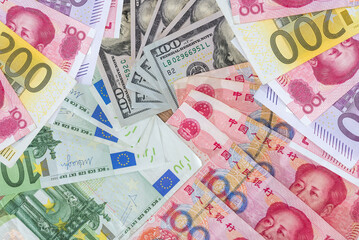 Poster - US dollar and Euro, yuan  banknotes as background