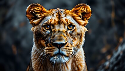 Wall Mural - Intense gaze of a curious lioness capturing the viewers attention