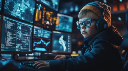 Portrait of child dressed as a cybersecurity analyst, monitoring network security on multiple screens with a dark tech setting.