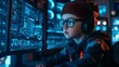 © Oulaphone - Portrait of child dressed as a cybersecurity analyst, monitoring network security on multiple screens with a dark tech setting.