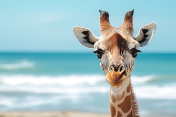 Curious giraffe looking at the camera on a beach with a blue ocean in the background