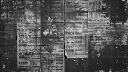 black and white scanned collage newspapers, grunge background, grungy and dusty abstract wheat paste wall art