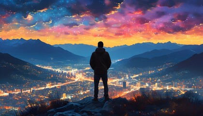 Majestic mountain view of a man gazing at a vibrant city illuminated by colorful lights against a picturesque mountainous backdrop