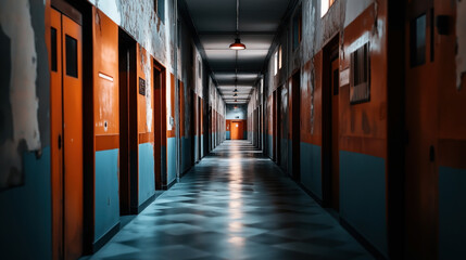 Wall Mural - A long, dimly lit corridor with a checkerboard pattern floor, orange doors, and peeling blue and white paint on the walls, creating a sense of abandonment and disrepair.