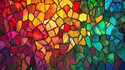 A vibrant, colorful stained glass window background with a large, clear space for text