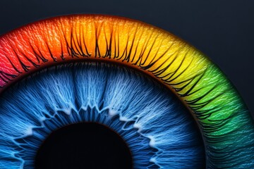 Poster - Rainbow colored eye iris displaying a full spectrum of colors with black pupil in a circular pattern creating a vibrant and abstract macro image