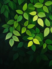 Wall Mural - A vibrant display of green leaves surrounded by dark foliage, perfect for nature-themed designs and backgrounds.