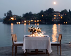 Romantic Dinner on a Lakeside Dock a White Tablecloth Under the Moon with Candlelight and Flowers the Water and City Lights in the Background