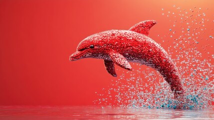 A vibrant red dolphin leaps gracefully above the water, showcasing its playful nature against a bold orange background.