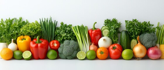 Vibrant Vegetables and Herbs in a Row on White Background A Fresh and Healthy Composition