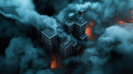 Poster - Aerial view of tall skyscrapers enveloped in thick smoke, with glowing orange light implying a fire within the buildings. The dramatic scene suggests an urban disaster.