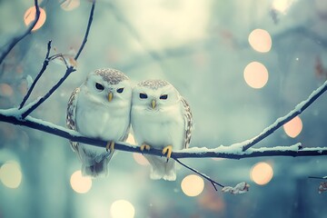 Two snowy owls perched on a branch in a winter wonderland