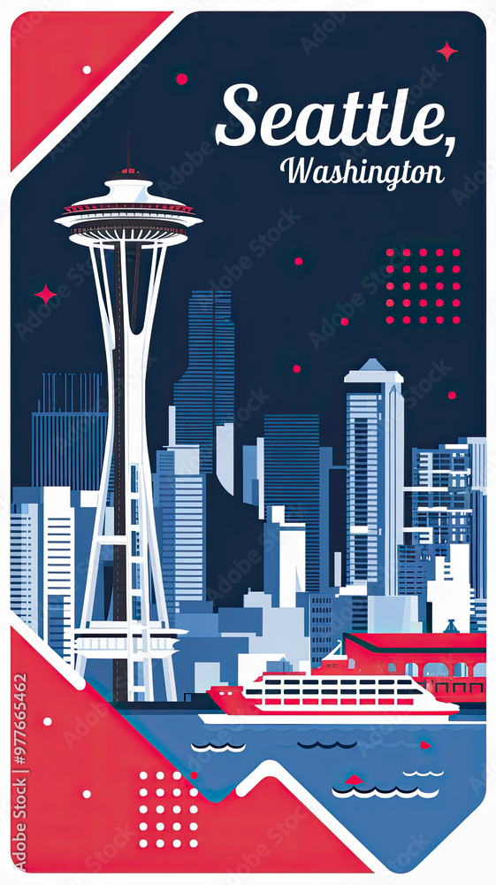 a modern-style graphic poster design of Seattle Washington with a red ...