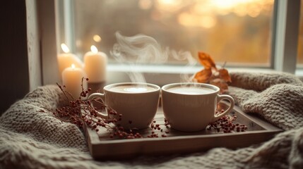 autumn scene centered around two steaming cups of coffee on a rustic wooden tray. 