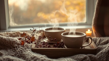 autumn scene centered around two steaming cups of coffee on a rustic wooden tray. 