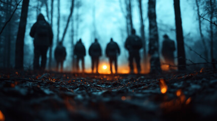 Poster - Silhouettes of people standing in a forest with a campfire in the background, creating an eerie, mysterious atmosphere. The foreground is blurred with autumn leaves on the ground.