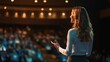 © kop - female entrepreneur giving a keynote speech at a global business summit