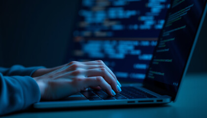 Coder using laptop for coding and programming