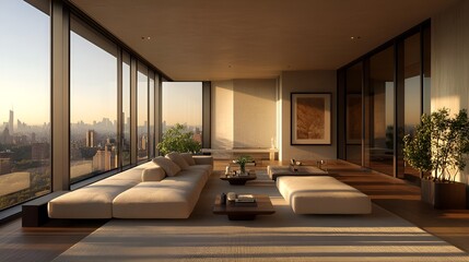 Wall Mural - Modern living room with neutral tones and sleek minimalist design