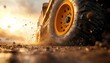 © GenBy - Close-up of a rugged tire in motion, kicking up dust against a stunning sunset backdrop, showcasing power and adventure.