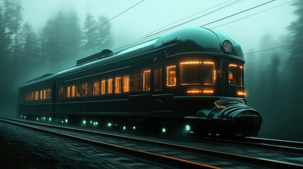 Canvas Print - Vintage train with illuminated windows traveling through a foggy forest at night. The scene evokes a mysterious and nostalgic atmosphere.