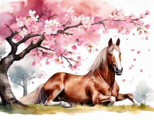 Serene watercolor painting of a horse resting under a cherry blossom tree in full bloom, with delicate pink petals falling.